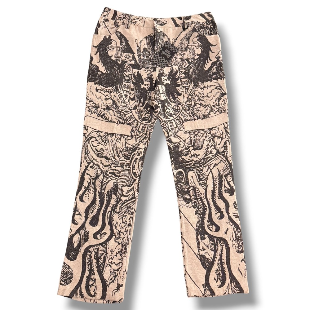 Rebel Vengeance Tapestry Pants Mens 34 Tan Black Heraldic Graphic Woven Straight